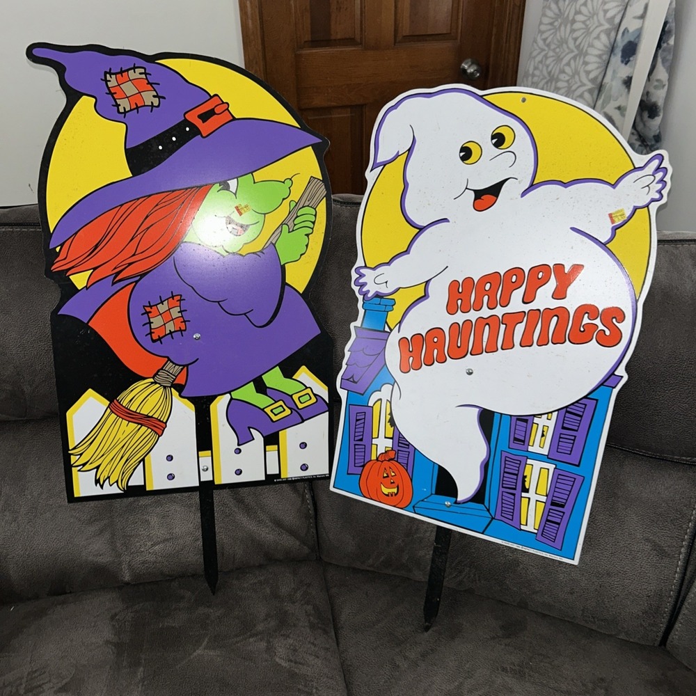 Vintage Yard Art Halloween Happy Haunting 1996 Ghost & Witch Yard Signs Large